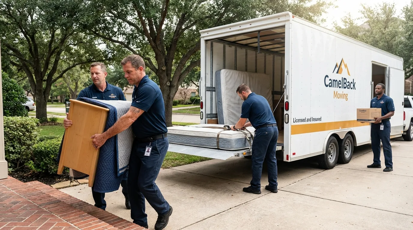 Crew loading residential truck for cross-state move from Markham, TX