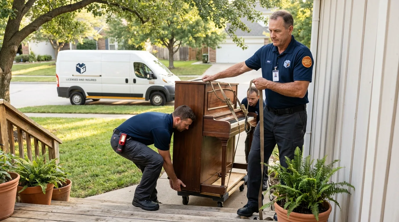 Licensed piano movers securing grand piano in Markham, TX