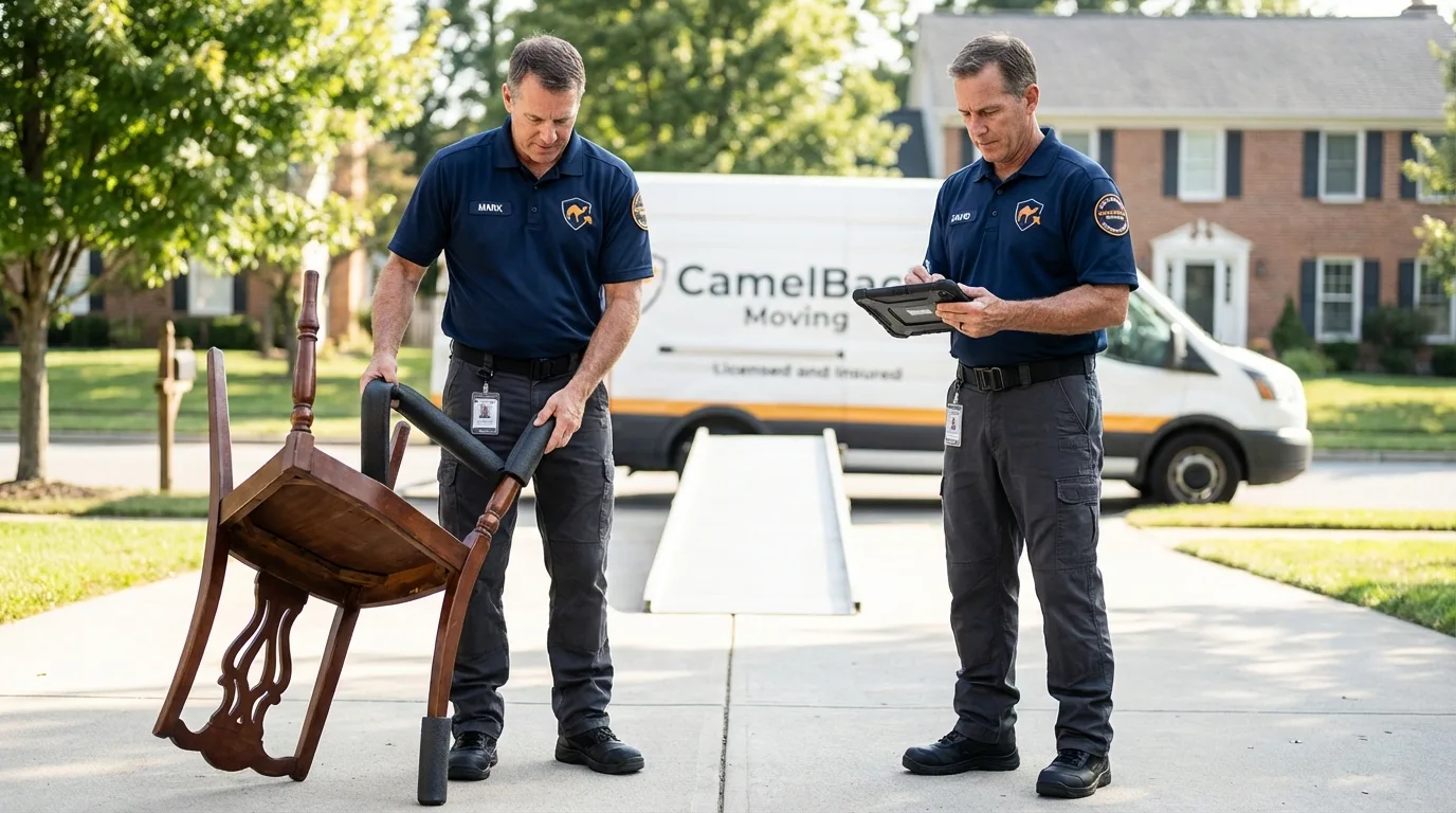 Movers inspecting furniture for damage prevention before loading in Markham, TX