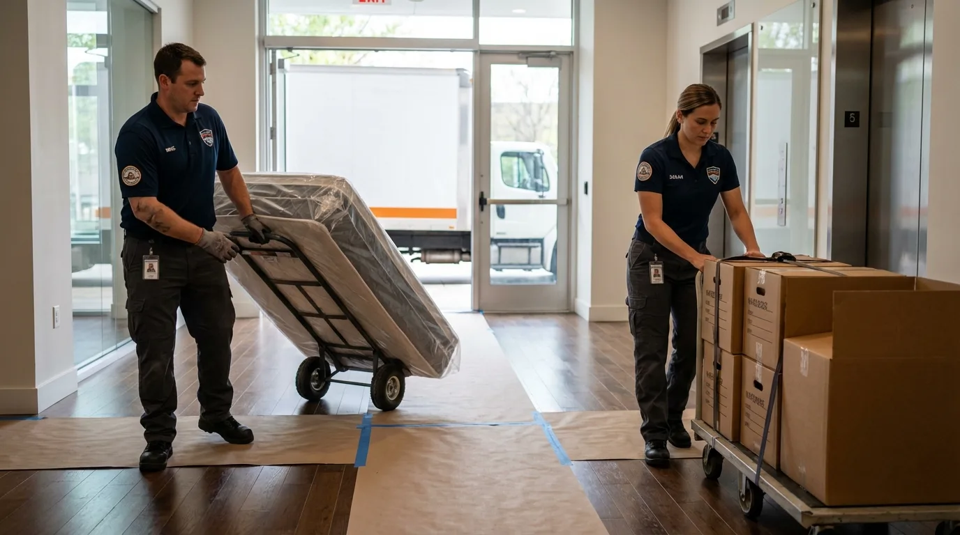 Professional apartment movers loading elevator in Markham, TX